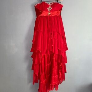 Size 12 EVER PRETTY Red High Low Strapless Ruffle Prom Dressy *Flaws*